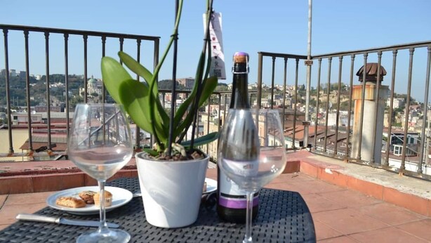 A table with two wine glasses, a bottle of wine, a potted plant, and a plate with food on a balcony with a city view. - Romantic attic with breathtaking views in the old town centre. (Napoli)