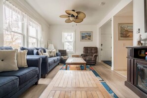 Smart TV, chimenea, reproductor de DVD y libros 