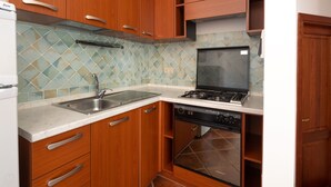 A compact kitchen with wooden cabinets, a stainless steel sink, a gas stove, and a dishwasher. - Mediterranea - One Bedroom Apartment, Sleeps 4 (Loiri)