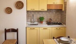 Fridge, stovetop, cookware/dishes/utensils, dining tables