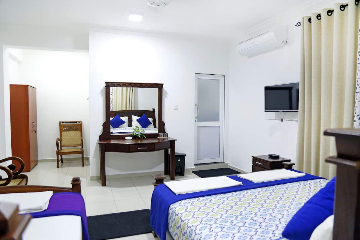 A hotel room with a bed, a desk, a chair, a wardrobe, a television, and a door.