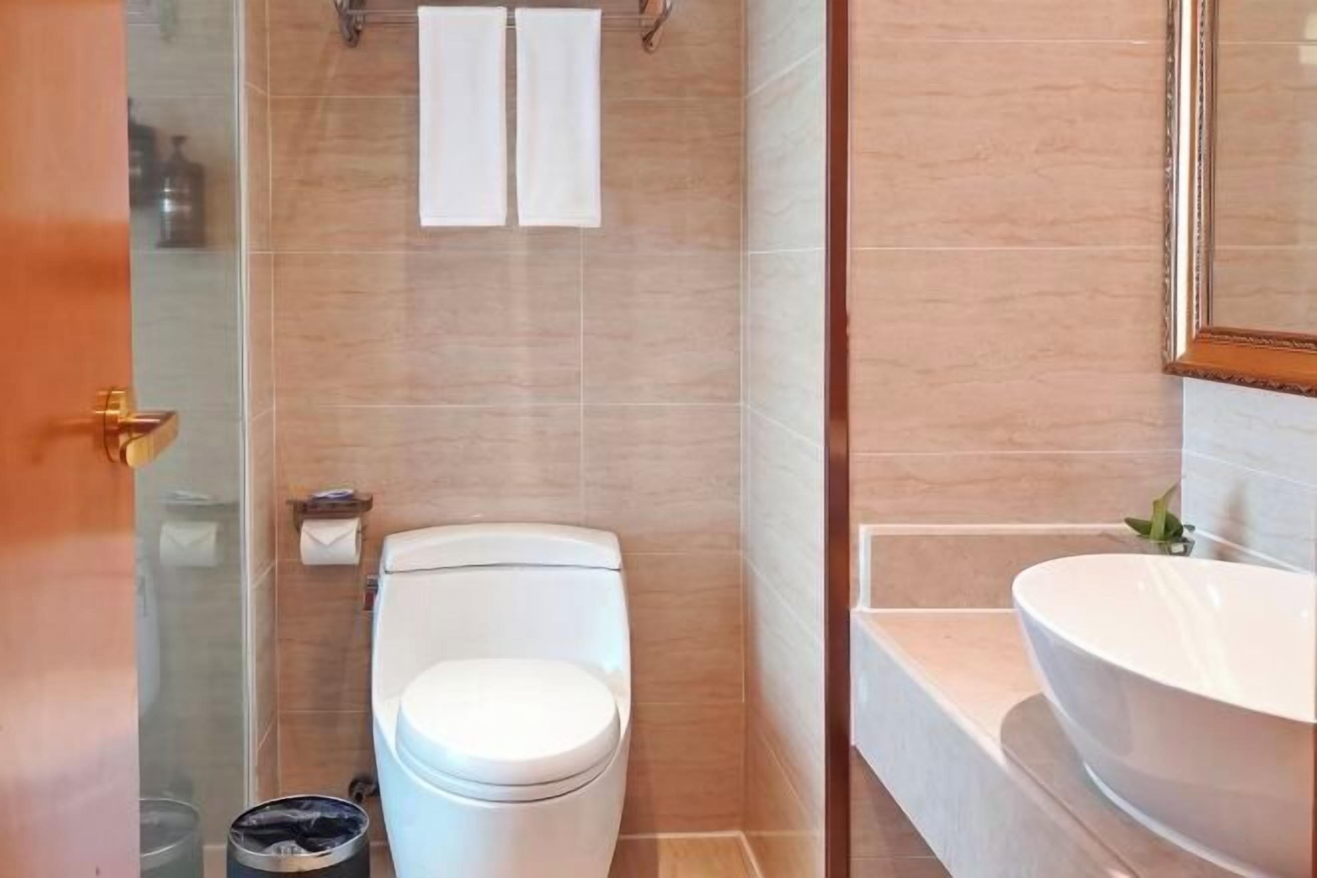 A bathroom with a toilet, a sink, and a shower area.