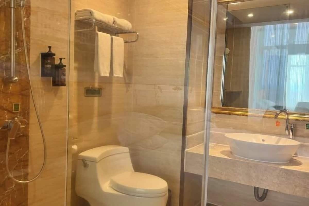 A bathroom with a glass-enclosed shower, a toilet, a sink with a mirror, and a towel rack.