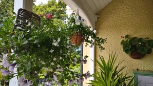 Eine überdachte Veranda mit hängenden Pflanzgefäßen und einem Blumentopf.