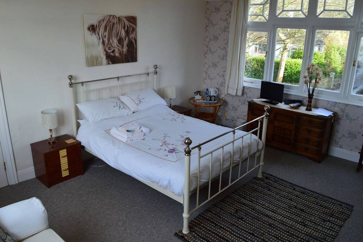 A bedroom with a bed, a bedside table, a lamp, a dresser, a TV, and a window with a view of greenery.