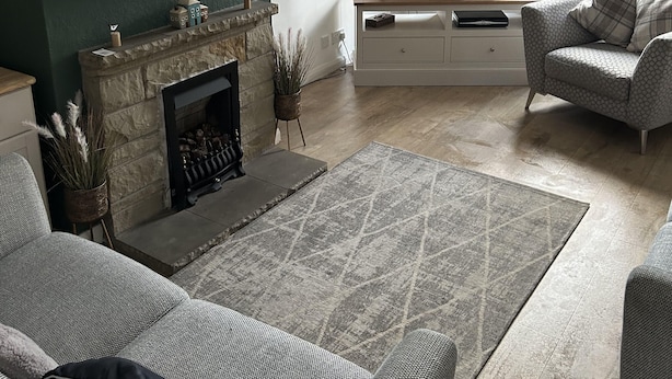 Ein Wohnzimmer mit Kamin, Fernseher und zwei Sofas.