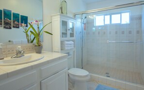 Shower, jetted tub, hair dryer, towels
