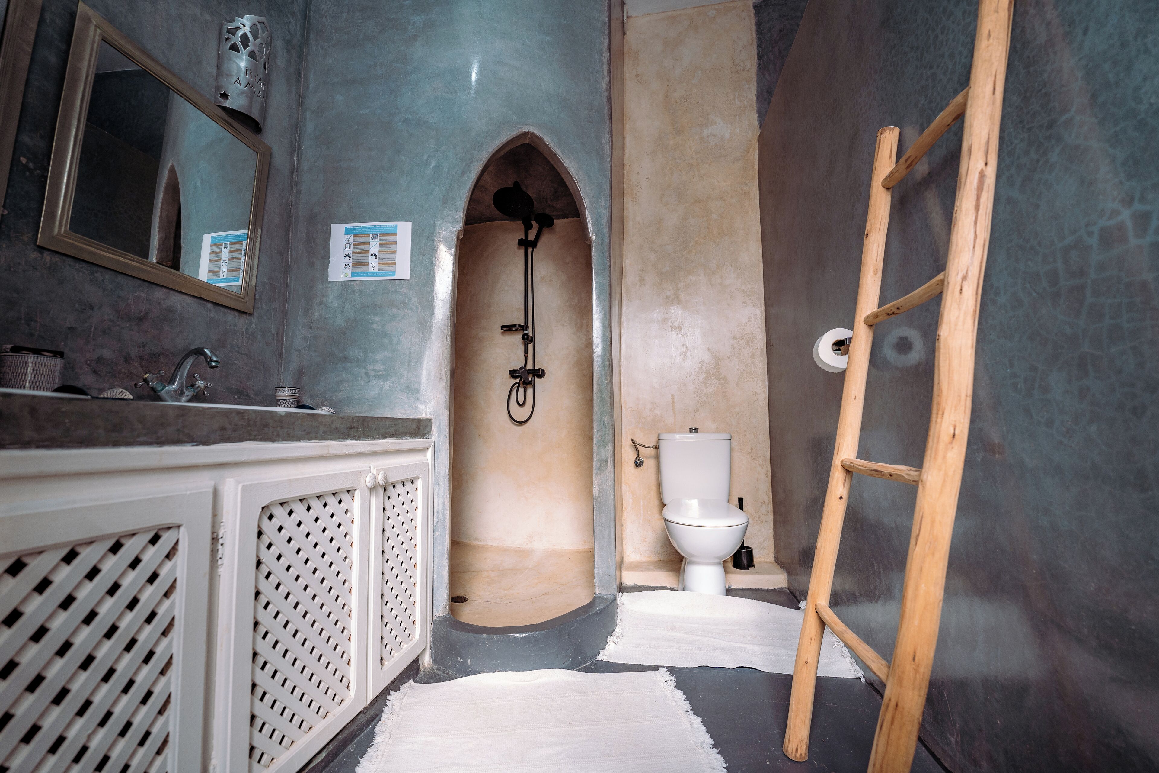 A bathroom with a sink, mirror, shower, toilet, and a wooden ladder.