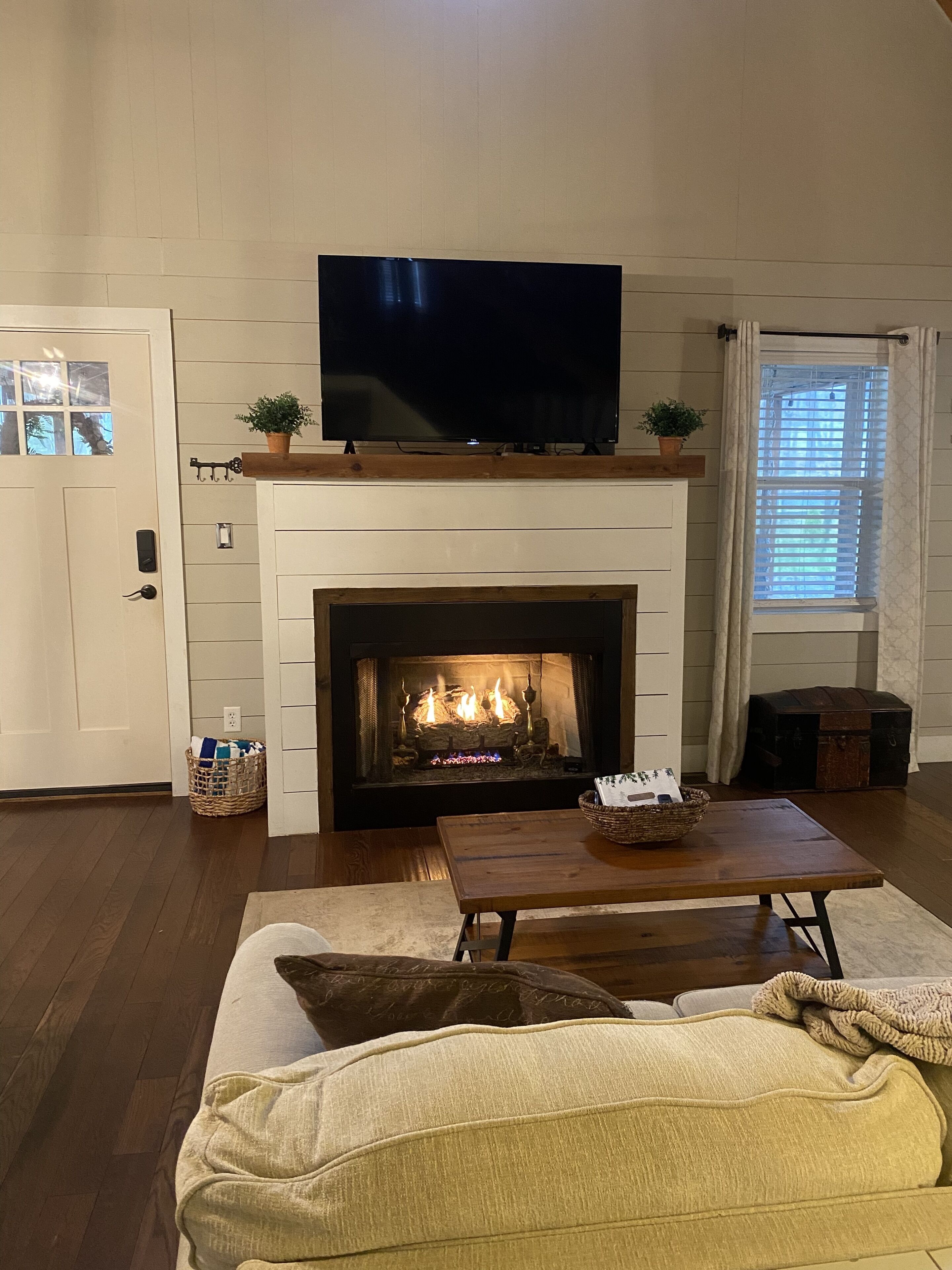 Smart TV, fireplace, books