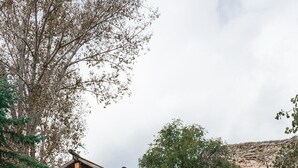 Eine rustikale Holzhütte mit einer Holzterrasse, einer überdachten Veranda und einer kleinen angeschlossenen Garage.