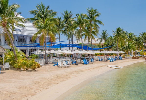 On the beach, sun-loungers, beach towels