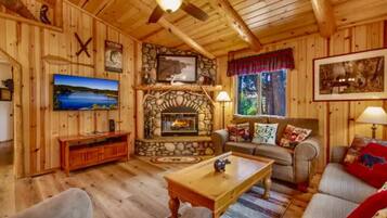 Smart TV, fireplace, DVD player, books