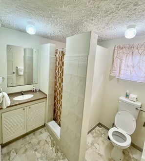 Een douche, handdoeken, zeep, toiletpapier