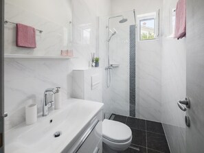 Shower, hair dryer, towels