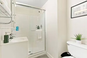 Hair dryer, towels, soap, shampoo