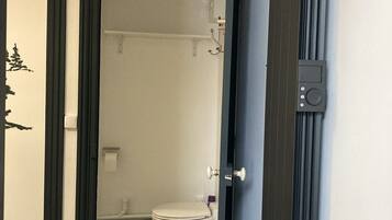 Shower, hair dryer, soap, toilet paper