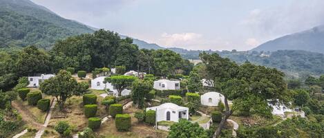 A cluster of white, dome-shaped buildings surrounded by lush greenery and hills.