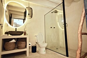 Chuveiro, secador de cabelo, toalhas de banho, sabonete