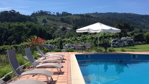 A swimming pool with lounge chairs and an umbrella, surrounded by greenery and hills.