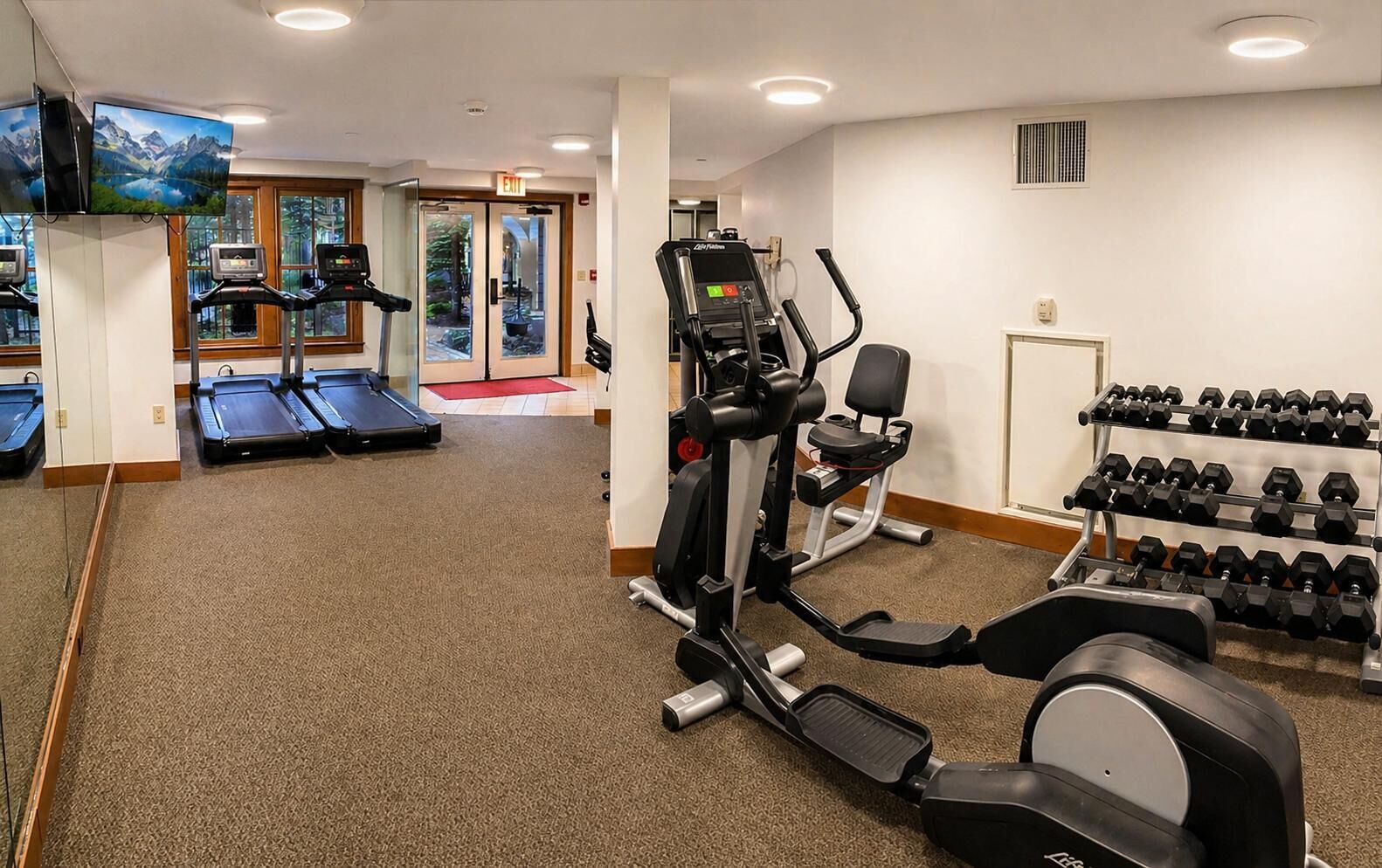 Un gimnasio con cintas de correr, elípticas y un soporte con mancuernas.