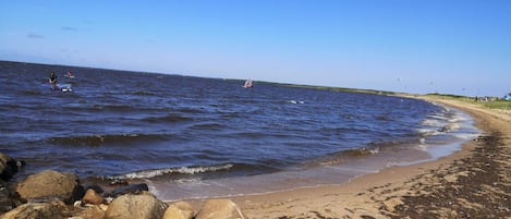 Une plage avec de gros rochers au premier plan, une étendue de sable et l’océan en arrière-plan.