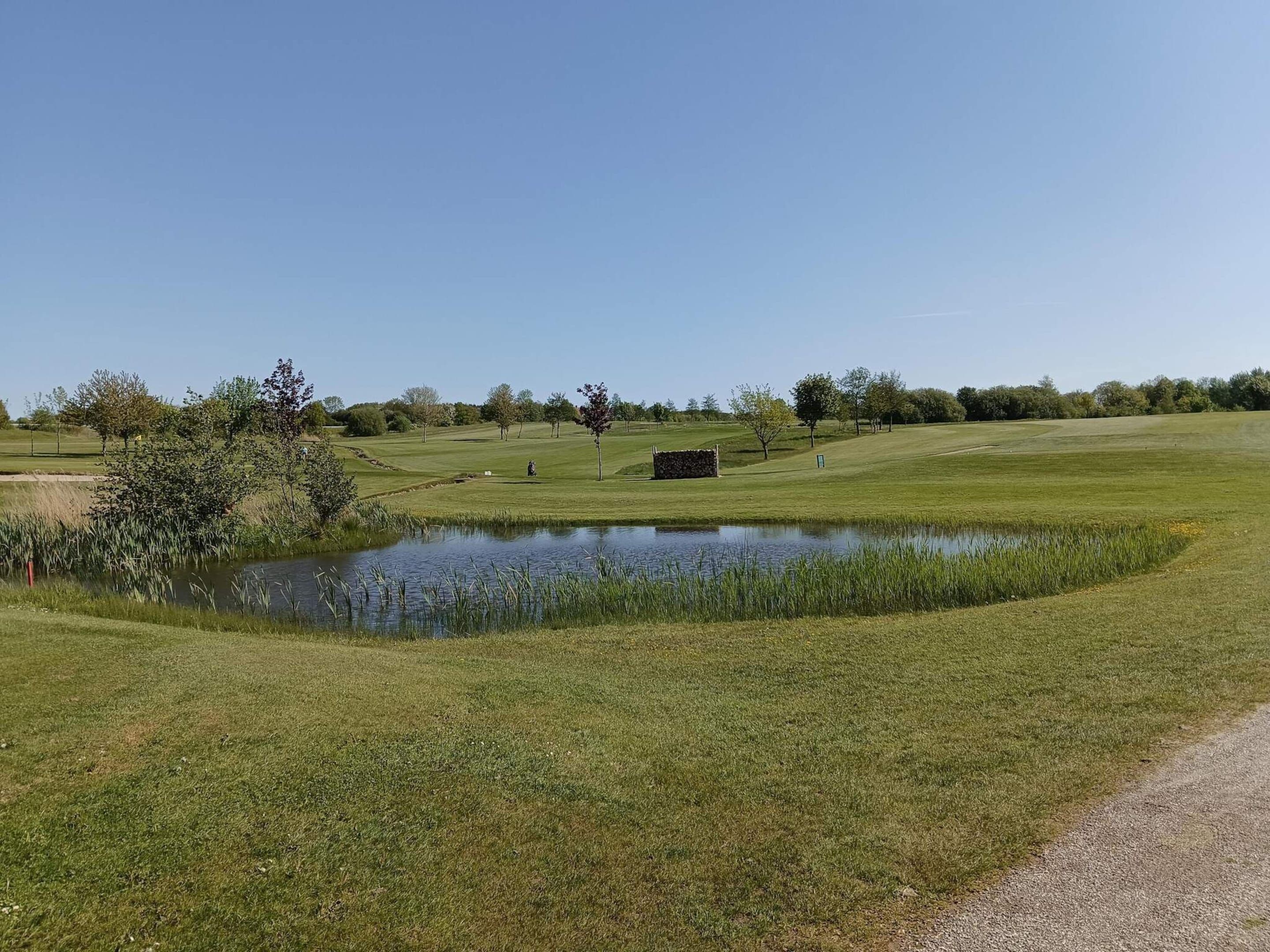 Ein Golfplatz mit Teich, Bäumen und blauem Himmel.
