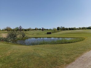 En golfbana med en damm, träd och en klar himmel.