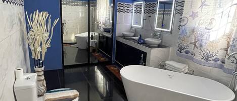 Shower, hair dryer, towels, soap