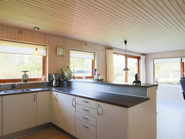 A kitchen with a wooden ceiling, a sink, cabinets, and a window with a view of the outside. - 6 Person Holiday Home in Dannemare (Dannemare)