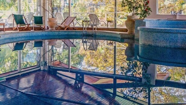 Piscina coberta por vidro com espreguiçadeiras e um vaso de planta.