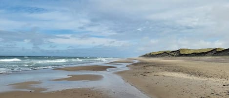 A beach with wet sand, waves, and a cloudy sky.