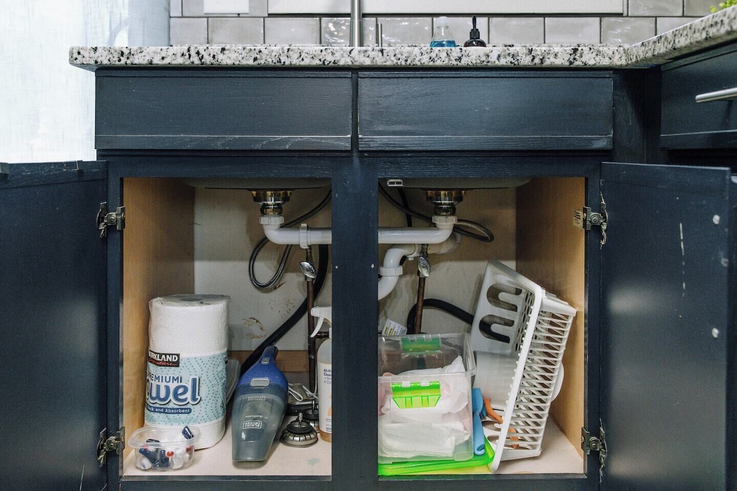 A kitchen with two sinks, a toilet paper roll, a bottle, and a plastic container.