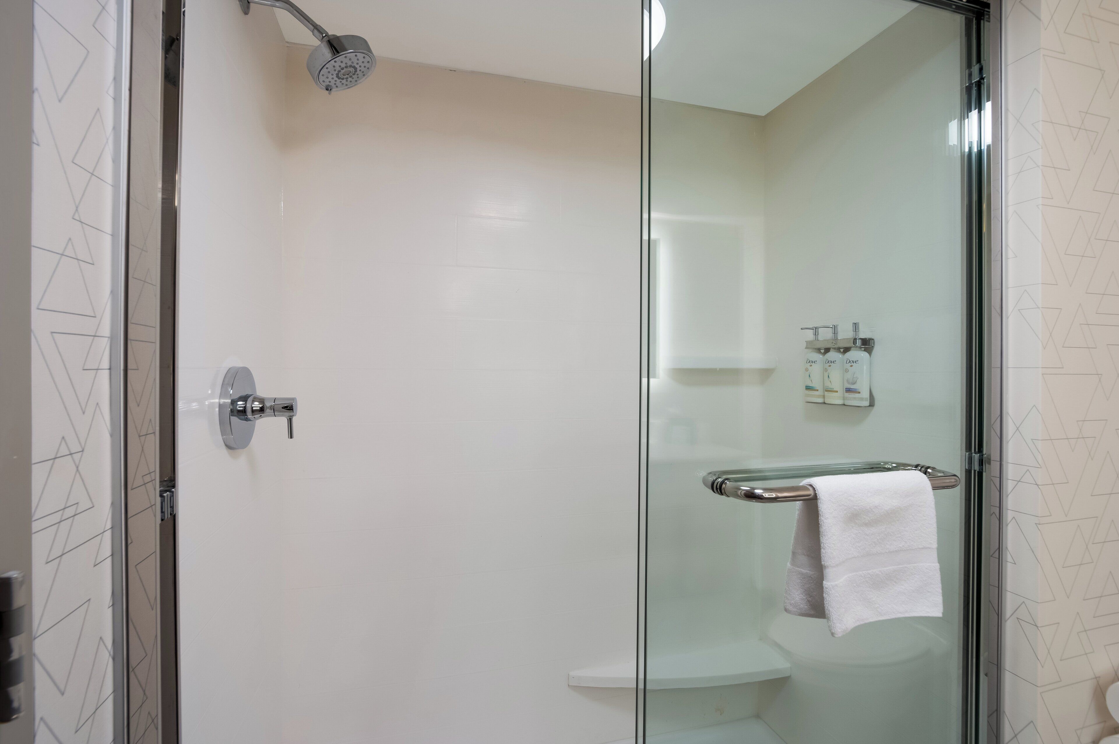 Ducha con cerramiento de vidrio, cabezal de ducha de mano, puerta de vidrio y un perchero con una toalla blanca.