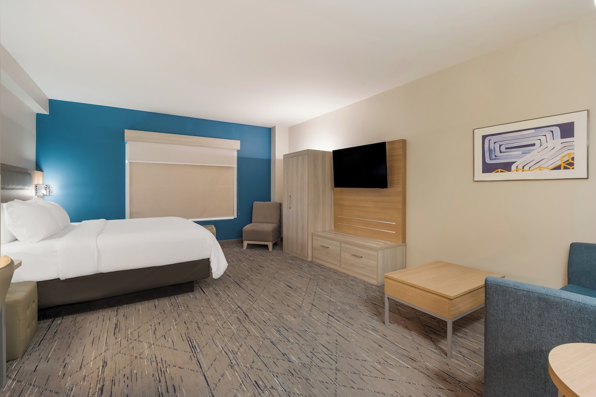 A hotel room with a bed, a desk, a chair, a wardrobe, and a TV on the wall.