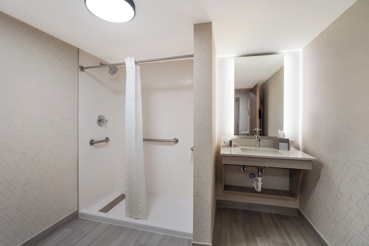 Shower, hydromassage showerhead, hair dryer, towels