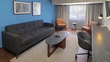 Una sala moderna con un sofá gris, una pequeña mesa de centro y un sillón de cuero. Hay dos cuadros en la pared, una ventana con cortinas y un equipo de aire acondicionado.