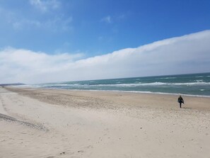 A beach with a person walking on the sand, a clear sky, and the ocean in the background. - 4 Star Holiday Home in Hjorring (Hjørring)