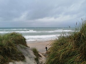Un sentier qui longe la plage et mène à la mer, sous un ciel nuageux.