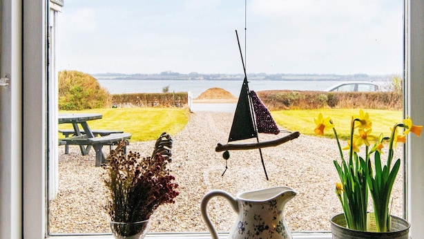 Une vue à travers une fenêtre sur un espace recouvert de gravier, avec une table de pique-nique, un fauteuil suspendu et un pot de fleurs contenant des jonquilles.