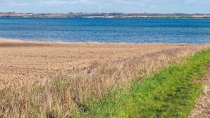 Un paysage côtier comprenant un champ, une zone herbeuse et une étendue d’eau.