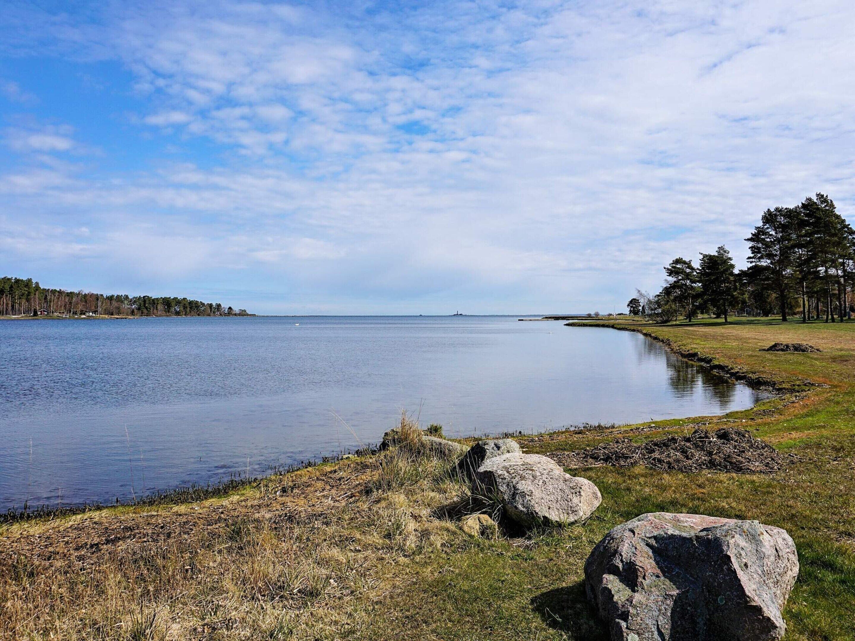 A calm lake with a grassy shoreline, a few large rocks, and a line of trees in the background.