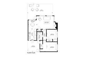 Ein Grundriss eines Hauses mit Esszimmer, Wohnzimmer, zwei Schlafzimmern, einem Badezimmer, einem Flur, einem Abstellraum und einer Terrasse.