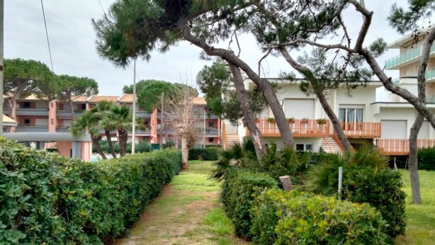A pathway leading through a well-maintained garden with neatly trimmed hedges and trees. -  M335 - Marcelli, large two-room apartment with sea view with balcony (Marcelli)