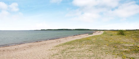 A beach with a sandy shore and a small boat.