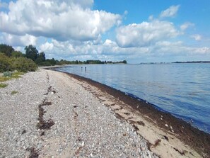 En strand med småsten, klar himmel och träd i fjärran.