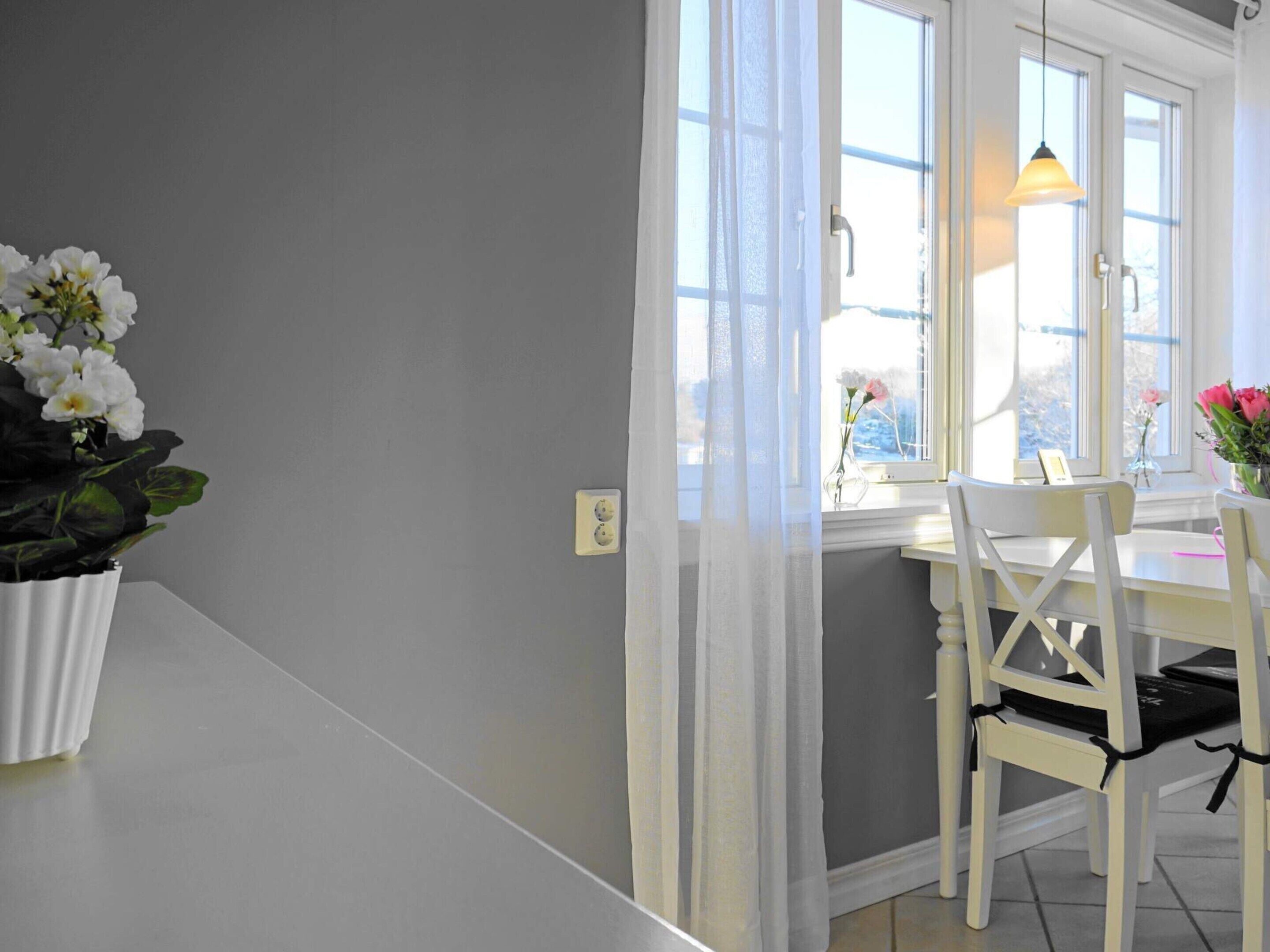 A dining area with a table and chairs, a window with curtains, and a potted plant.
