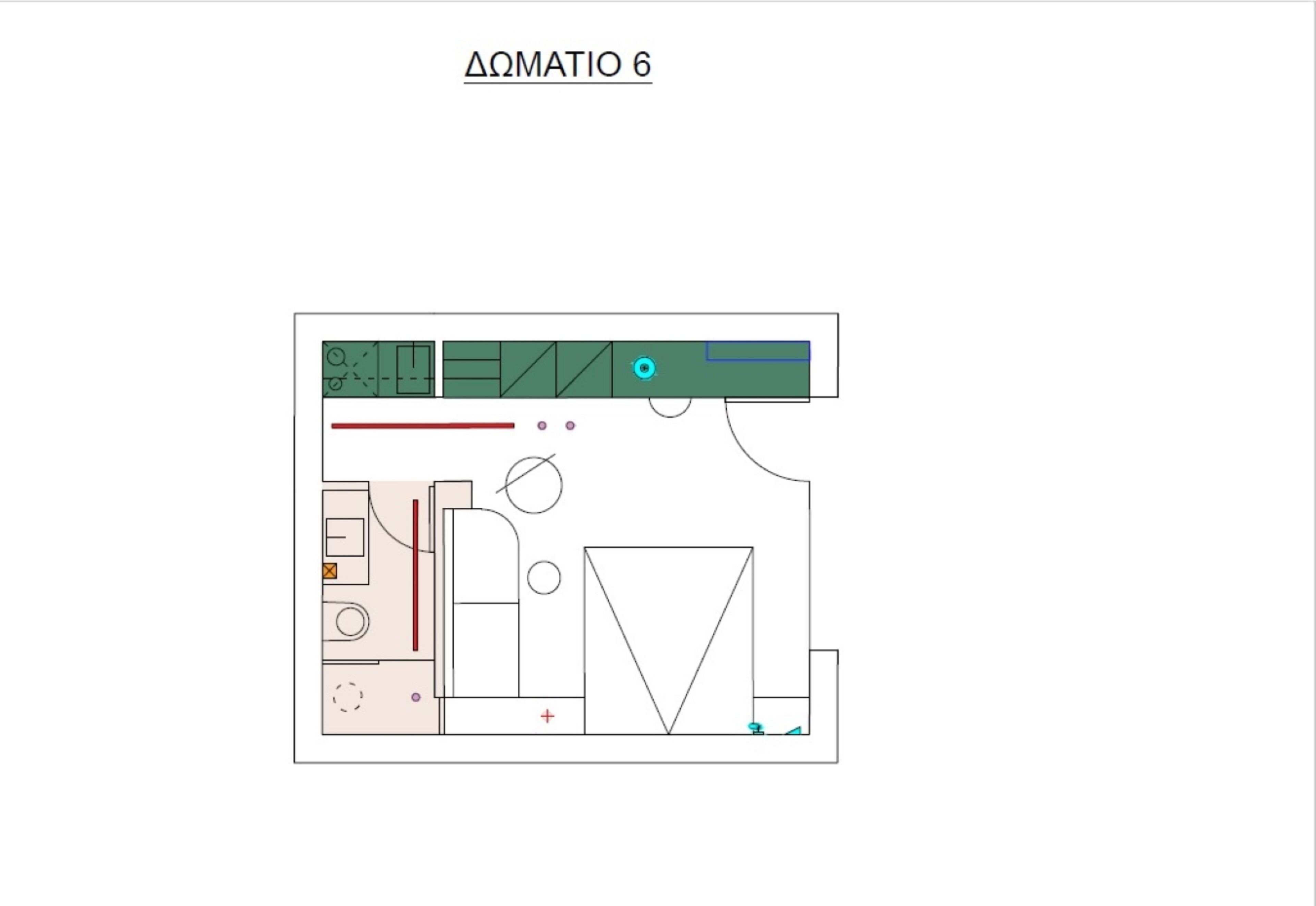 A floor plan of a hotel room with a kitchenette, a bed, a bathroom, and a large window.