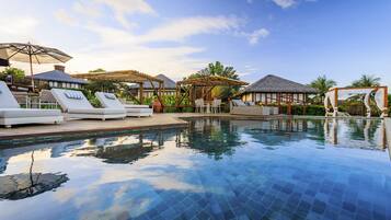 Outdoor pool, pool umbrellas, pool loungers