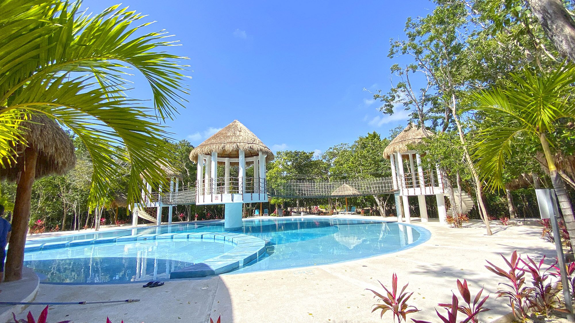 A pool area with a thatched-roof gazebo, palm trees, and a sandy beach.
