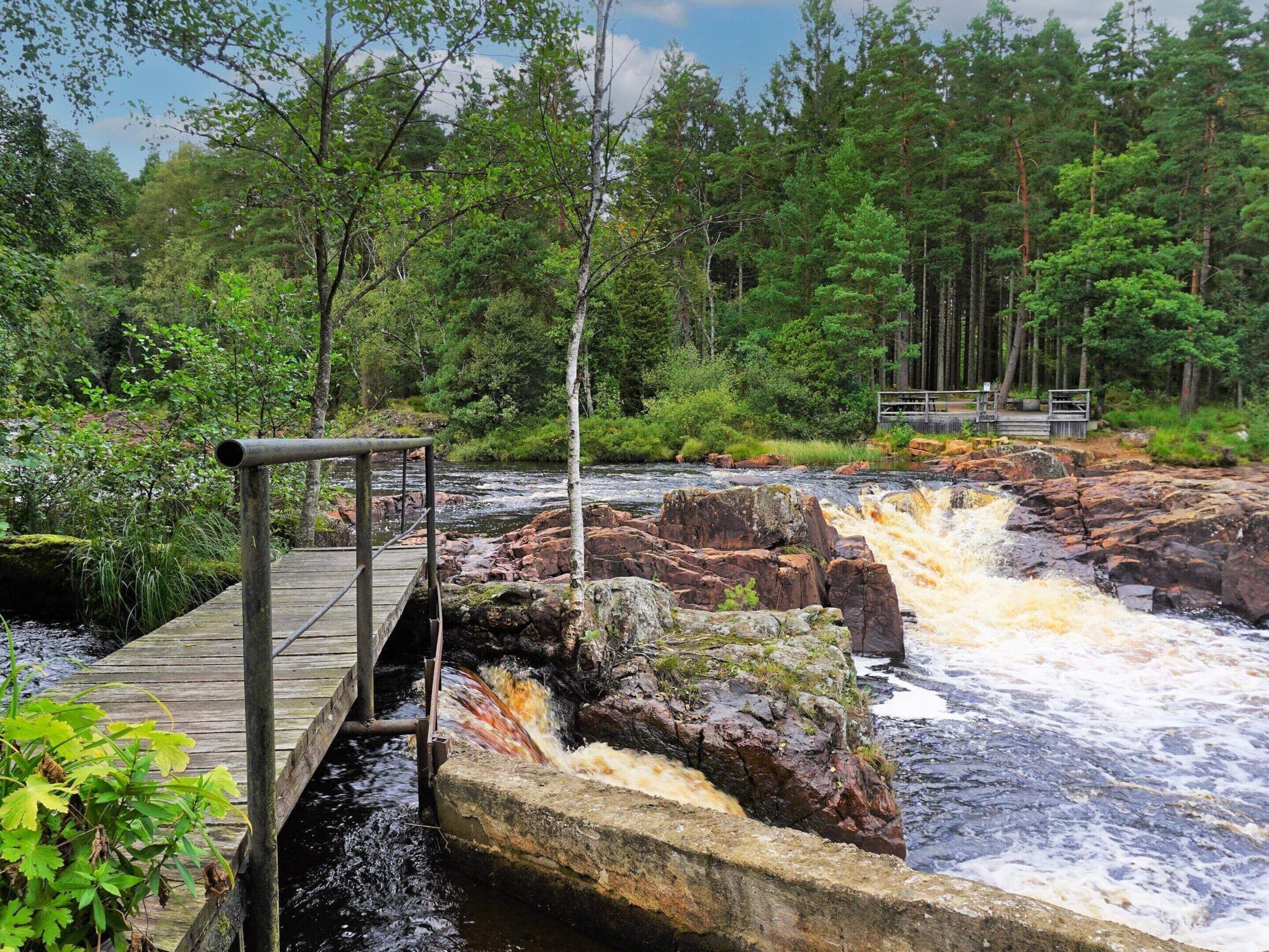 Eine Holzbrücke über einem Fluss mit einem Wasserfall, umgeben von dichtem Wald.